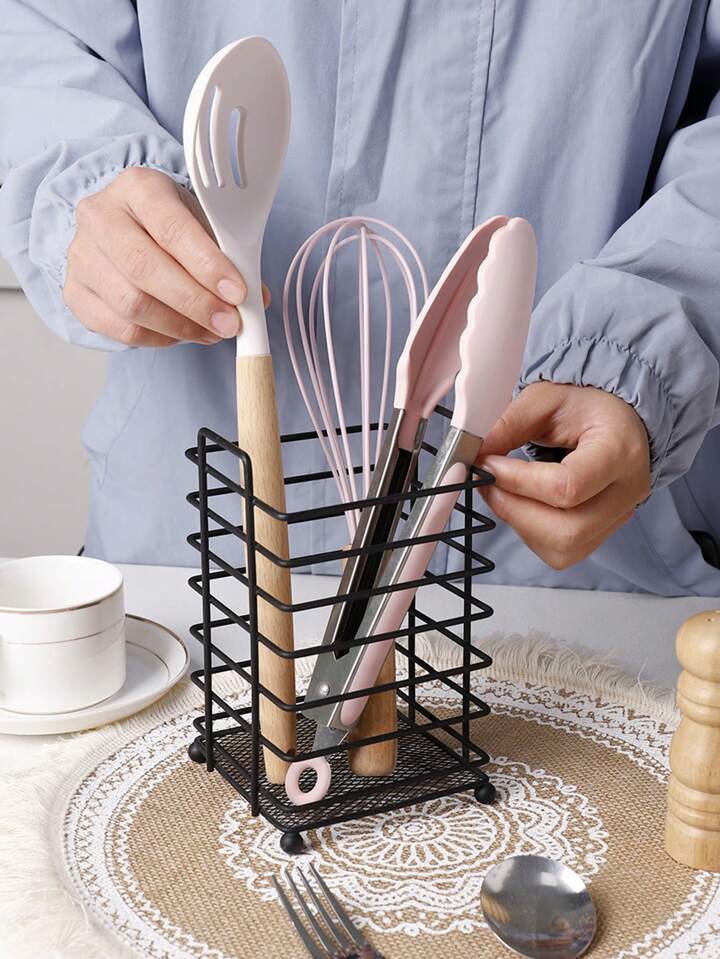 Single Black Square Iron Wire Cutlery Holder